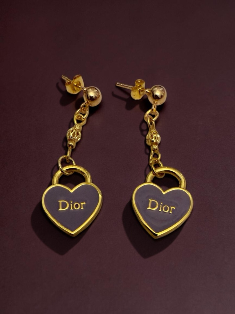 Dior charm/zipper pull 18k Gold plated and Purple Heart  Earrings - Picture 2 of 2
